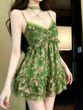 KYLETHOMASW  -  Sweet Lolita Kawaii Mini Dress Women Floral Lace Ruffle Tiered Cake Skirt V Neck Bowknot Spaghetti Strap Vacay Daily Fashion