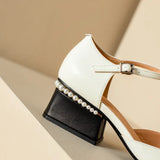 KYLETHOMASW  -  Women Sheepskin Leather Pumps Pearls Chunky Heels Shoes Brand Designer Two Tone Buckle Pumps Wedding Party Dressy Shoes