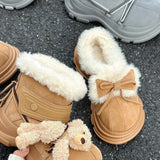 KYLETHOMASW  -  Winter Thick Bottom Snow Boots Women's Cute Bow Knot Fur Leather Integrated Versatile Cotton Booties Rubber Outsole