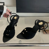 KYLETHOMASW  -  Comfort Hollow Out Metal Buckle Decoration Women Sandals Elegant Satin Ankle Strap Heels Pointed Toe Party Designer Women Shoes