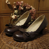 KYLETHOMASW  -  French Butterfly Knot Retro round Head High Heels Women's Autumn New Coarse Heel Versatile Commuting Outdoor Wear Low Cut