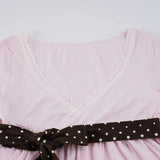 KYLETHOMASW  -  French Sweet Lace Patchwork Polka Dot Bow Slim V Neck Long Sleeve Solid T-Shirts