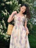 Kylethomasw French Printing Long Dress Women Bandage Short Puff Sleeve Dress Summmer Bodycon Prom Party High Waist Vintage Dresses Woman