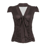 KYLETHOMASW  -  American style light mature V-neck lace up pleated slim fit shoulder T-shirt new polka dot short sleeved top