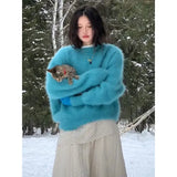 KYLETHOMASW  -  Autumn and Winter New Fashion Furry Blue Mink Fur Sweater for Women Round Neck Simple Loose Casual Knitted Pullovers Women Tops