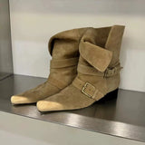 KYLETHOMASW  -  Genuine Leather Butterfly Knot Wrapped Strap Short Ankle Boots Women Polished Color Distressed Flat Bottomed Bare Shoes Female