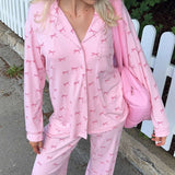 KYLETHOMASW  -  Bowknot Print Loungewear Comfy Soft Button Up Blouse Tops + Long Pants Women Autumn 2 Piece Set Sleepwear Cute Pajama Suit