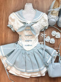 KYLETHOMASW  -  2024 Sweet Preppy Style 2 Piece Set Women Kawaii Bow Y2k Crop Shirt Tops + Cute Pleated Mini Skirt Japanese Fashion Skirt Suit