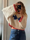 KYLETHOMASW  -  Crewneck Embroidered Fish Knit Crop Sweater Contrast Trim Loose 2025 Autumn Playful Women Chic Top Daily Causal Lady Pullover