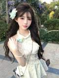 KYLETHOMASW  -  French Sweet Green Sleeveless Dress Women Summer Asymmetrical Lace Halter Neck Floral Maxi Dress Romantic Y2K Chic Fashionable