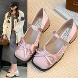 KYLETHOMASW  -  Pink bow high heels 2025 spring and summer new square-headed silk ribbon buckle single shoes shallow thick-heeled women's shoes