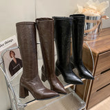 KYLETHOMASW  -  Autumn Winter Women Knee High Boots Fashion Knight Long Booties Square High Heels Shoes Botas Mujer