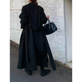 KYLETHOMASW  -    Women Elegant Long Woolen Coat with Belt Autumn Winter New Fashion Solid Lapel Long Sleeve Chic Outerwear Ladies Casual Overcoat