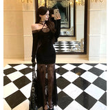 KYLETHOMASW  -  Black Patchwork Lace Sheer Sexy Ruffled Long Dress Women Elegant Chic Neck-mounted Dress Autumn Korean Bodycon Party Dress