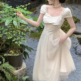 KYLETHOMASW  -  Women Vintage Sweet Mesh Patchwork Elegant Party Dresses Summer Solid Square Collar Short Sleeve Slim Fairy Midi Dress Vestidos