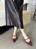 KYLETHOMASW  -  Rivet Metal Belt Buckle Design Low Heel Sandals Women Sexy Pointed Toe Patent Leather Slingbacks Round Heel Women Pumps Mules
