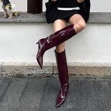 KYLETHOMASW  -  Burgundy Patent Leather High-Top Long Boots For Women Wine Red Pointed Toe Slip On Botas Largas De Mujer Kitten Low Heels Mature