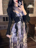 KYLETHOMASW  -  Elegant Vintage Butterfly Floral Irregular Mesh Camisole Dress+ Long Sleeve Lace Up  Sun Protection Coat Two Piece Sets