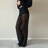 KYLETHOMASW  -  Women Sexy Sheer Black Lace Pants Chic Versatile Wide-leg  Long Trousers New Fashion Flared Pant Outfit Y2k High Streetwear
