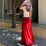 KYLETHOMASW  -  Red High Waist A-Line Skirt French Elegant Pleated Long Skirt Women Summer Loose Fashion Club Party Maxi Skirt Mujer Faldas 381A