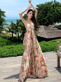 KYLETHOMASW  -  Elegant Floral Print Long Dresses for Women Sexy Backless Lace-up Party Dress Summer Holiday Beach Pleated A-line Vestidos Robe
