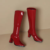KYLETHOMASW  -  Thick Heel Women Knee High Boots Fashion Silvery Square Toe Autumn Winter Ladies Elegant Mordern Knight Long Booties