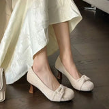 KYLETHOMASW  -  High-end French-style White Lace Chunky Heel Mary Jane Shoes for Women with Bowknot, Round-toe High Heels, Women's Single Shoes