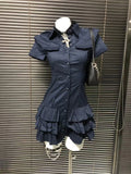 KYLETHOMASW  -  Summer Vintage Polo Collar Dress Women's Fashion Casual Short Sleeve Slim Retro Dresses Hepburn Design Navy Blue Outfits