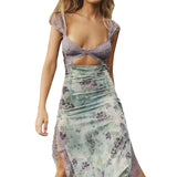 KYLETHOMASW  -  Women Long Bodycon Dress Floral Print Lace Patchwork Cutout V-Neck Sleeveless Dress Summer Slit Backless Party Dress