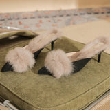 KYLETHOMASW  -  New Autumn Winter Fluffy Mules Slippers Women Pointed Toe Pumps Warm High Heels Slides Women Plush Thin Heels Slippers Female