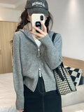 Kylethomasw Double Zipper Cropped Knitwear Basic Zip Up Hooded Knitted Cardigan Slim Long Sleeve Sweaters for Women Winter Clothes