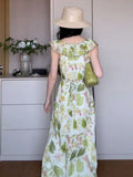 KYLETHOMASW  -  Floral Long Skirt Slimming Waist Design Summer Vaion Travel Women's Dr High Waist A-Line Stand Fit V-Ne Casual Wear