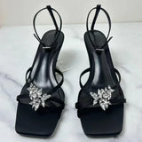 KYLETHOMASW  -  Shiny Rhinestone High Heels Women Summer New Open Toe Ankle Strap Thin Heels Dress Shoe Brand Design Rhinestone Sandals Femme