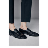 KYLETHOMASW  -  Women's New Retro Pleated Black Leather Penny Loafers Premium Eel Skin Texture Comfortable Slip-On Flats Daily Office Casual
