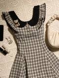 KYLETHOMASW  -  Coquette Vintage Plaid A Line Mini Dress Women Flutter Sleeve Doll Collar Lace Trim Button Front Teddy Bear Daily Party Dresses