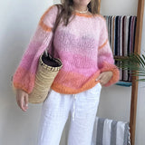 KYLETHOMASW  -  Women Autumn Winter Loose Fit Knitwear Jumpers Vintage Striped Fuzzy Knitted Sweater Casual Boat Neck Long Sleeve Pullover Tops
