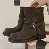 KYLETHOMASW  -  Fashion Metal Buckle Decoration Design Ankle Boots Women High Quality Retro Faux Suede Boots Comfortable Non-Slip Platform Boots