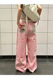 KYLETHOMASW  -  American Retro Plaid Patchwork Pocket Casual Pants Women Summer Loose Versatile Straight Leg Wide Leg Pants Lazy Style Long Pant