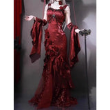 KYLETHOMASW  -  Christmas Robe Gorgeous Elegant Lolita Dress Red Rose High-end Slimming Fishtail Strap Camisole Long Dress for Women