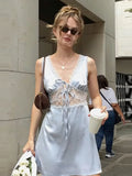 KYLETHOMASW  -  Woman Chic Casual Light Blue Satin Lace Mini Dress Sexy V-neck Tie Front Sleeveless Slip Dresses New Party Club Vestidos