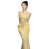 KYLETHOMASW  - Women Summer Sexy Club Set Yellow Backless Hollow Out Ruffles Short Tops And High Waist Elegant Wrapped Hip Long Skirt 2024 Suit