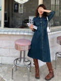 KYLETHOMASW  -  Autumn Spring New Design Vintage High-Waisted Long Denim Dress Women Single Breasted Slim Waist Pleated Mid-Length Dresses