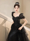 KYLTHOMASW  -   New Graduation High School Dress French High end Black Long Evening Dresses for Women Bubble Sleeve Bridesmaid Wedding Dress