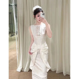 KYLETHOMASW  -  White Summer Sleeveless Dress Women's Spliced Lace Bow Loose Long Vest Dress K-Style Lightweight Instagrammable Photogenic