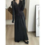KYLETHOMASW  -  Korean Lace Long Sleeved Knitted Cardigan Autumn And Winter Patchwork French Style Top, Half Skirt High-end Set Two-Piece Set