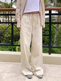 KYLETHOMASW  -  Mushroom Waist Splicing Lace Striped Casual 2025 Spring Women Simple Niche Design Sense New High Waist Wide Leg Pants