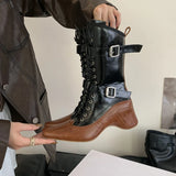 KYLETHOMASW  -  Yellow Cowboy Boots Women Lace Up Belt Buckle Block Heels Mid-calf Western Boots Autumn Vintage Designer Shoes Black Botas Mujer