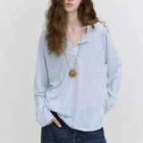 KYLETHOMASW  -  Nordic Lazy Women Cool Thin Stripe Ice Cotton Henley Neck Loose Long Sleeve Casual Blouse