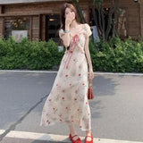 KYLETHOMASW  -  Women's Floral Print Chiffon Maxi Dress Puff Sleeve Square Neck Ruffle Trim Tie Front Long Dress for Summer