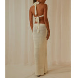 KYLETHOMASW  -  Boho Knitted Hollow Out Long Dress Sexy V Neck Backless Tie-up Halter Dress Chic Women Summer Beach Holiday Club Party Clothing